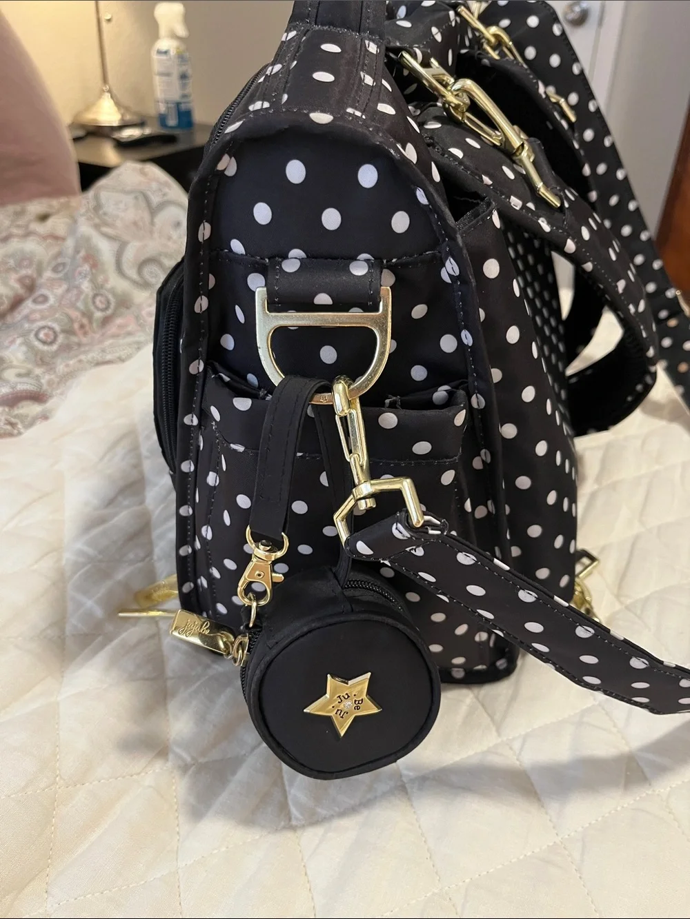 JuJuBe BFF Duchess - Polka Dot Black Baby Diaper Bag with Gold Accents